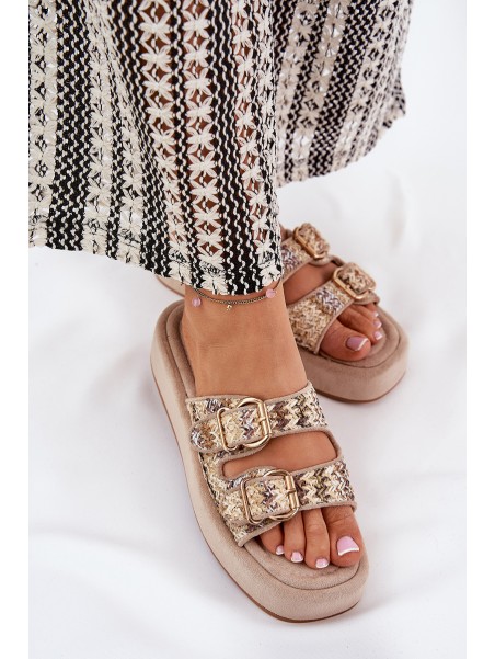Women's Platform Sandals With Buckles And Weaving Khaki Limme