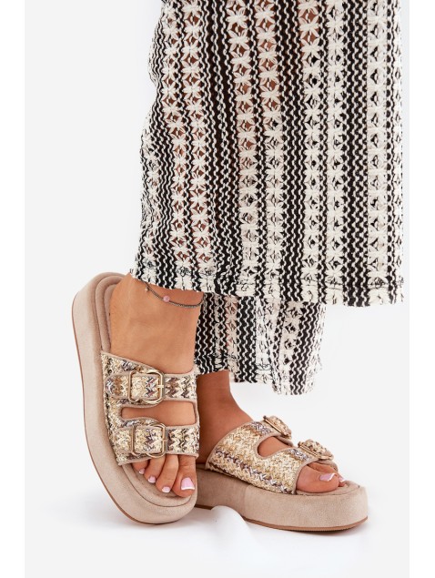 Women's Platform Sandals With Buckles And Weaving Khaki Limme