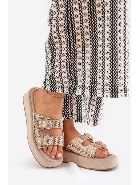Women's Platform Sandals With Buckles And Weaving Khaki Limme