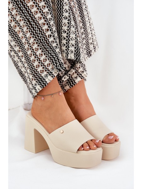 Women's Eco Leather Heeled Platform Sandals Light Beige Tamirella
