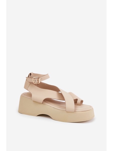 Women's sandals on platform and wedge eco leather beige Tenzorus