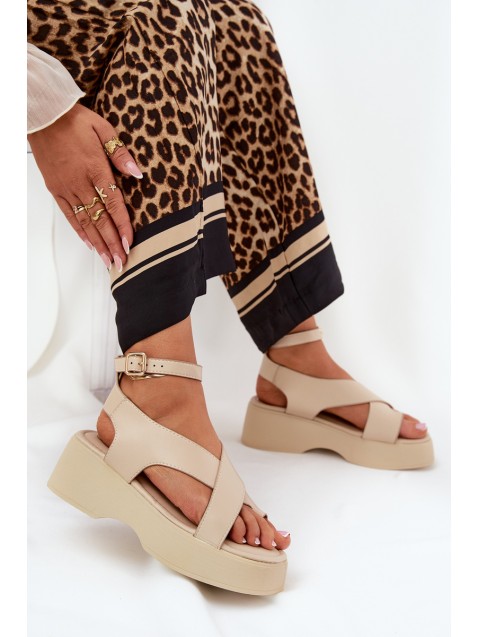 Women's sandals on platform and wedge eco leather beige Tenzorus