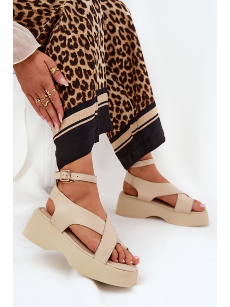 Women's sandals on platform and wedge eco leather beige Tenzorus