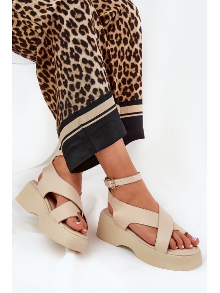 Women's sandals on platform and wedge eco leather beige Tenzorus