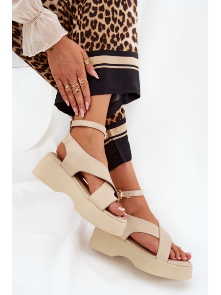 Women's sandals on platform and wedge eco leather beige Tenzorus