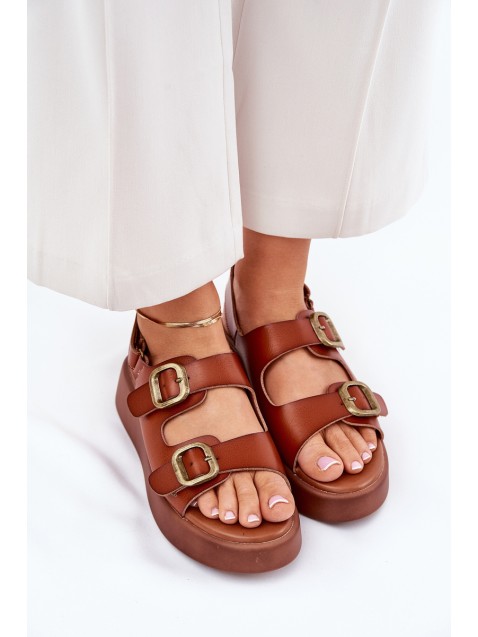 Womens platform and wedge sandals with buckles Camel Genorre