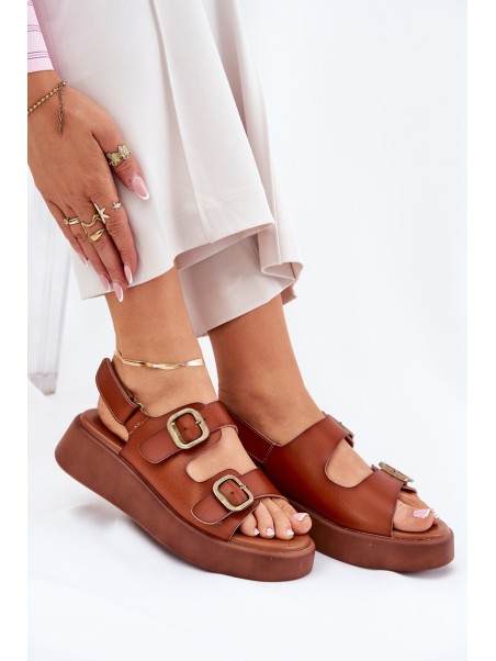 Womens platform and wedge sandals with buckles Camel Genorre