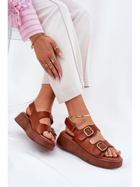 Womens platform and wedge sandals with buckles Camel Genorre