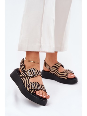 Women's Platform And Wedge Sandals With Buckles Zebra Beige-Black Genorre