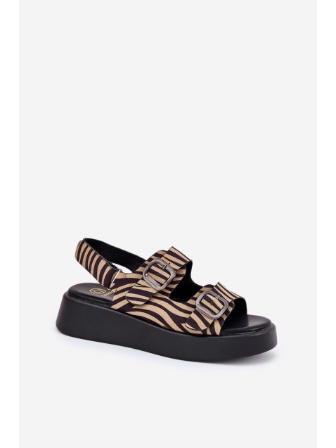 Moteriškos platformos ir pleištiniai sandalai su sagtimis Zebra Beige-Black Genorre