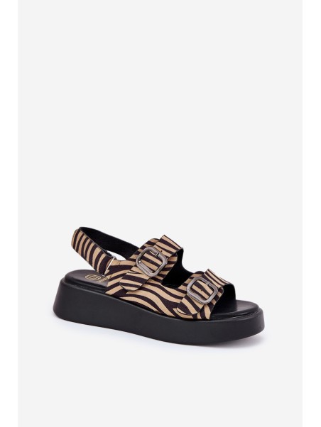 Moteriškos platformos ir pleištiniai sandalai su sagtimis Zebra Beige-Black Genorre