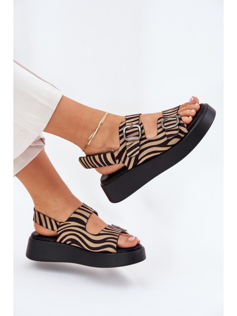 Moteriškos platformos ir pleištiniai sandalai su sagtimis Zebra Beige-Black Genorre