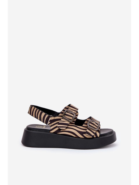 Moteriškos platformos ir pleištiniai sandalai su sagtimis Zebra Beige-Black Genorre