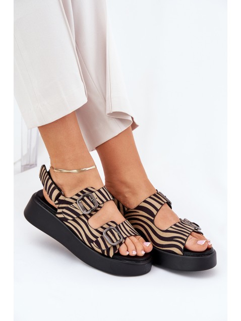 Women's Platform And Wedge Sandals With Buckles Zebra Beige-Black Genorre