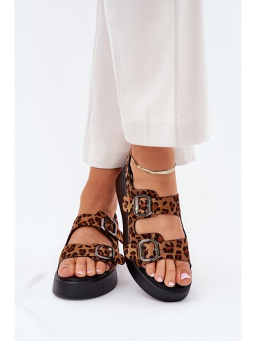 Ladies Platform And Wedge Sandals With Buckles Leopard Brown Genorre