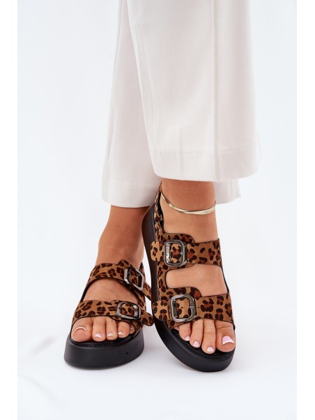 Ladies Platform And Wedge Sandals With Buckles Leopard Brown Genorre