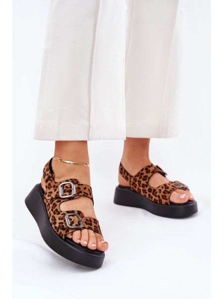 Ladies Platform And Wedge Sandals With Buckles Leopard Brown Genorre