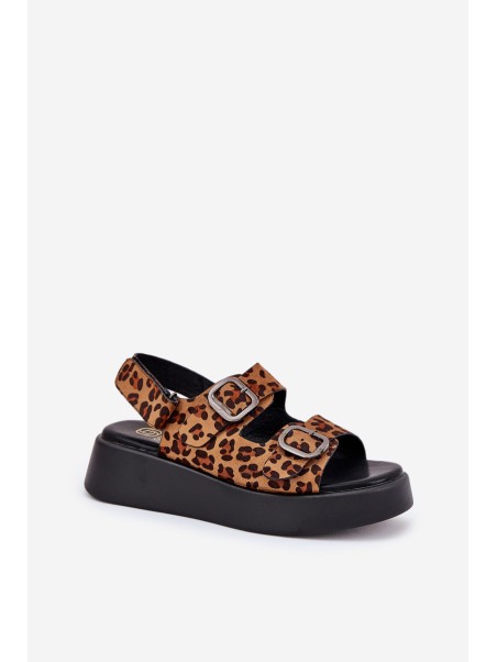 Ladies Platform And Wedge Sandals With Buckles Leopard Brown Genorre