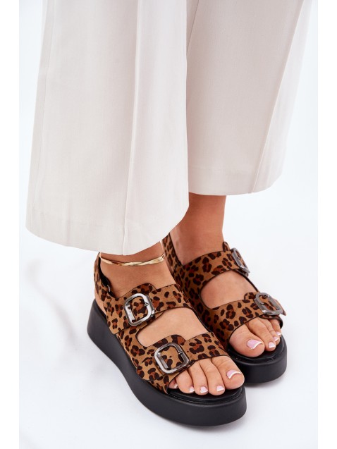 Ladies Platform And Wedge Sandals With Buckles Leopard Brown Genorre