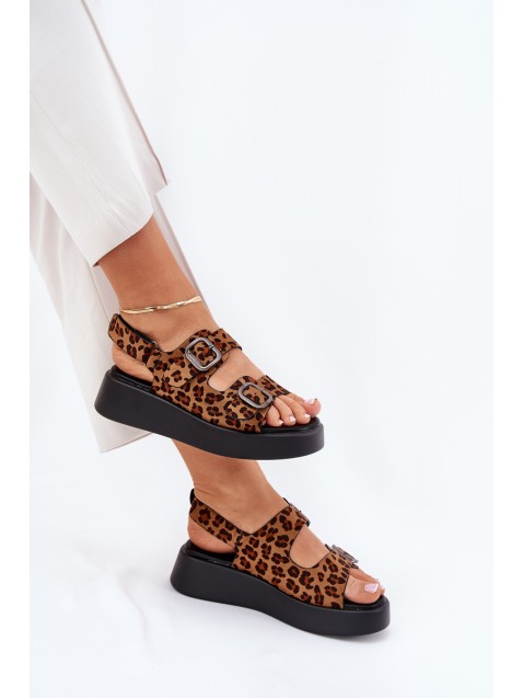 Ladies Platform And Wedge Sandals With Buckles Leopard Brown Genorre