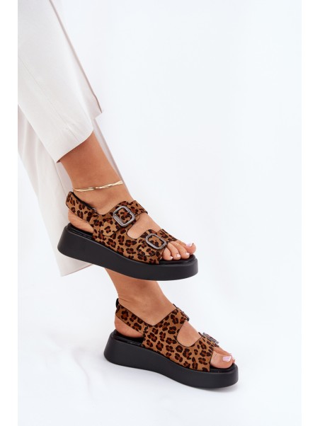 Ladies Platform And Wedge Sandals With Buckles Leopard Brown Genorre