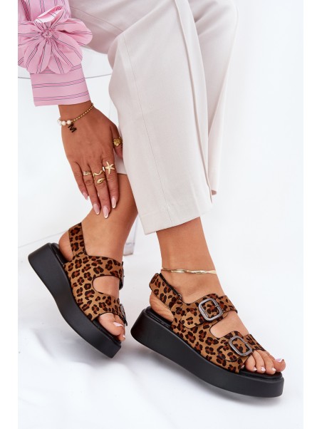 Ladies Platform And Wedge Sandals With Buckles Leopard Brown Genorre