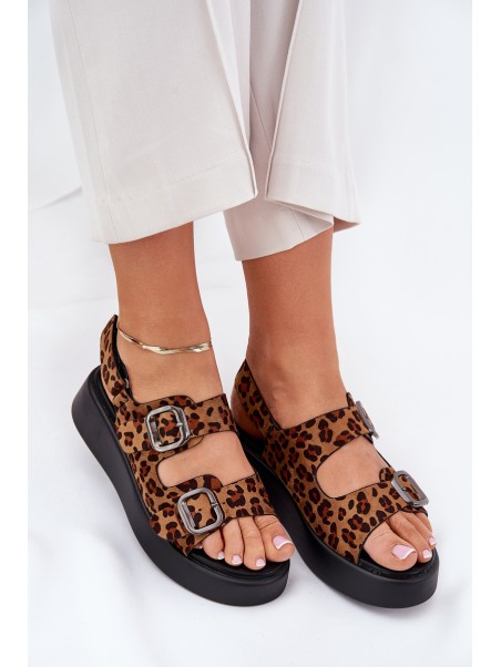 Ladies Platform And Wedge Sandals With Buckles Leopard Brown Genorre