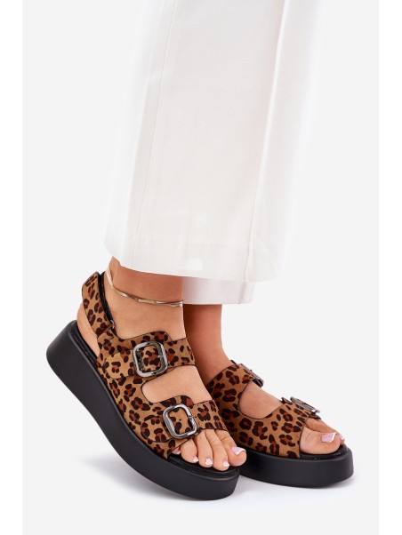 Ladies Platform And Wedge Sandals With Buckles Leopard Brown Genorre