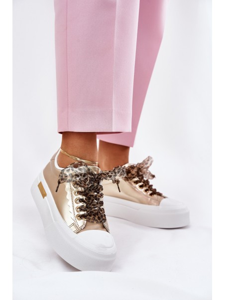 Women's Sneakers On A Massive Platform With Decorative Lacing Gold Zidora