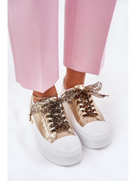 Women's Sneakers On A Massive Platform With Decorative Lacing Gold Zidora