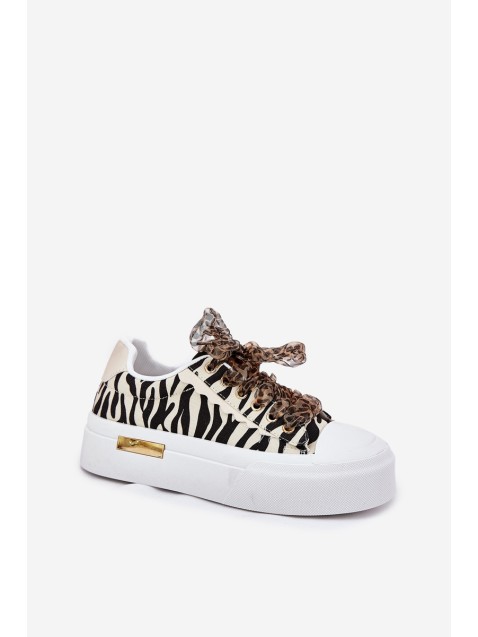 Women's Sneakers On Massive Platform With Decorative Lacing Zebra Black-Beige Zidora