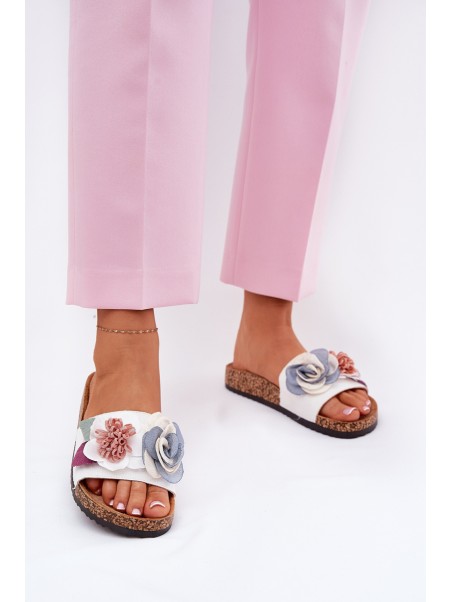 Women Slippers With Flowers On Cork Platform White Zinrosa