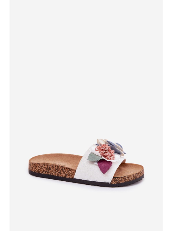 Women Slippers With Flowers On Cork Platform White Zinrosa