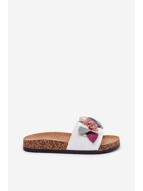 Women Slippers With Flowers On Cork Platform White Zinrosa