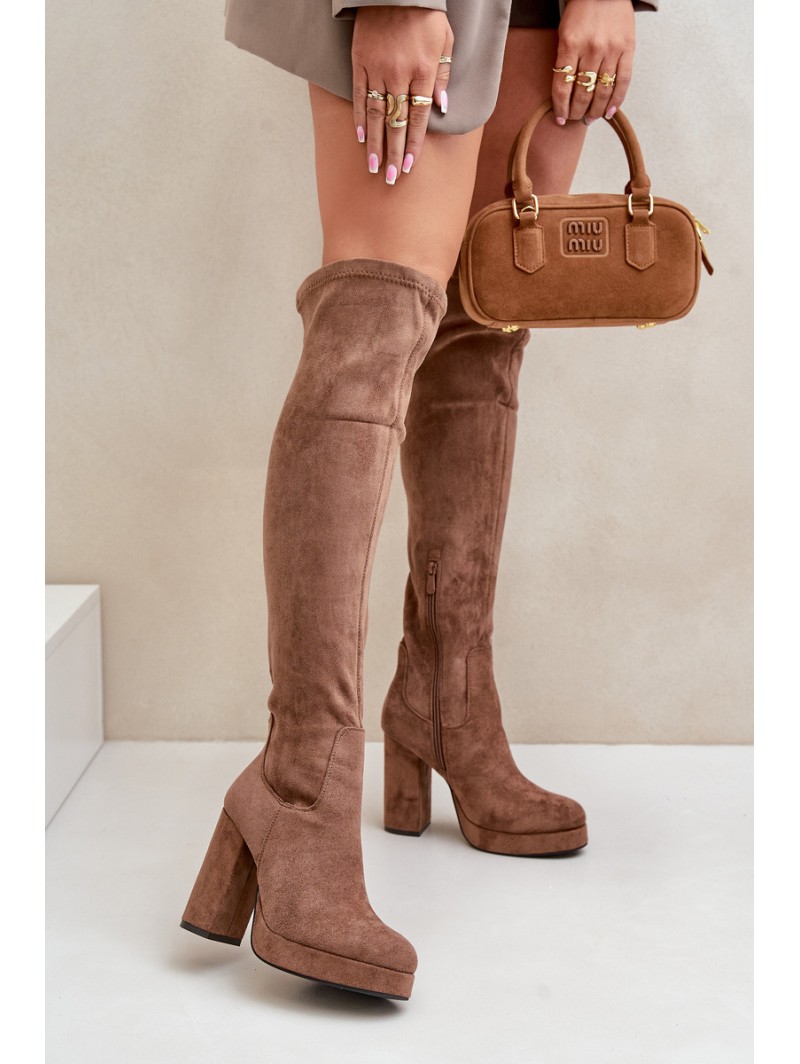 Knee High Platform Heeled Boots Eco Suede Dark Beige Zistaria