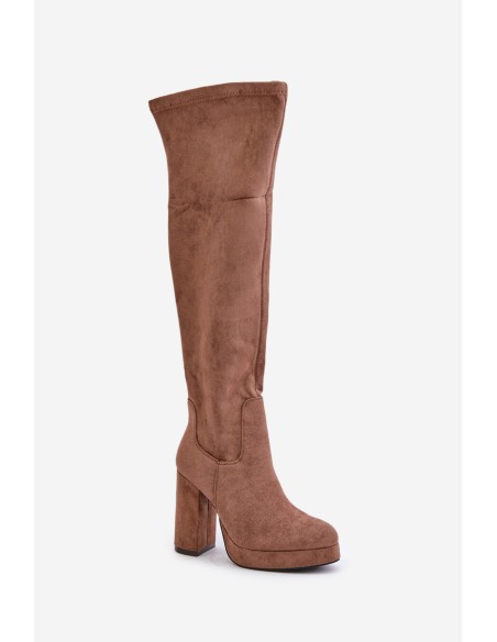 Knee High Platform Heeled Boots Eco Suede Dark Beige Zistaria