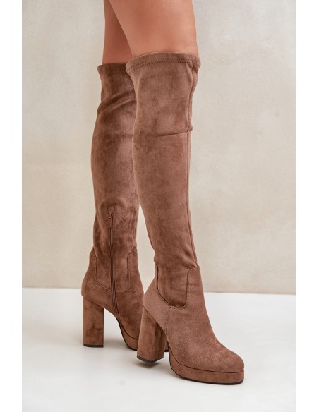 Knee High Platform Heeled Boots Eco Suede Dark Beige Zistaria