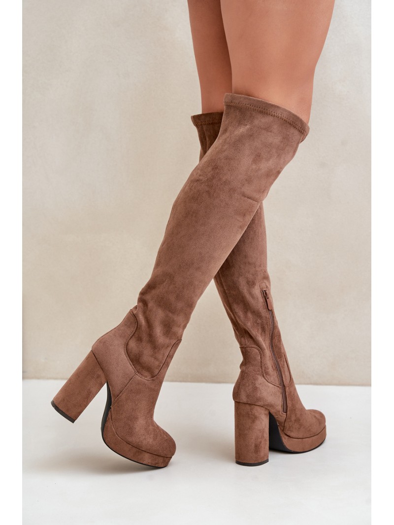 Knee High Platform Heeled Boots Eco Suede Dark Beige Zistaria