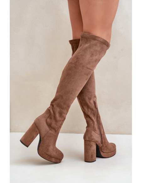 Knee High Platform Heeled Boots Eco Suede Dark Beige Zistaria