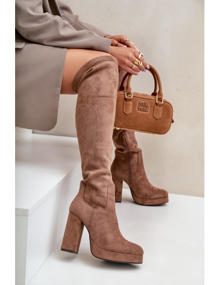 Knee High Platform Heeled Boots Eco Suede Dark Beige Zistaria