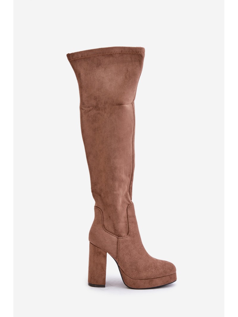 Knee High Platform Heeled Boots Eco Suede Dark Beige Zistaria