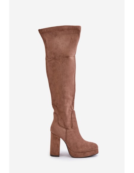 Knee High Platform Heeled Boots Eco Suede Dark Beige Zistaria