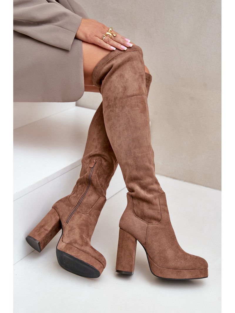 Knee High Platform Heeled Boots Eco Suede Dark Beige Zistaria