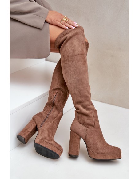 Knee High Platform Heeled Boots Eco Suede Dark Beige Zistaria