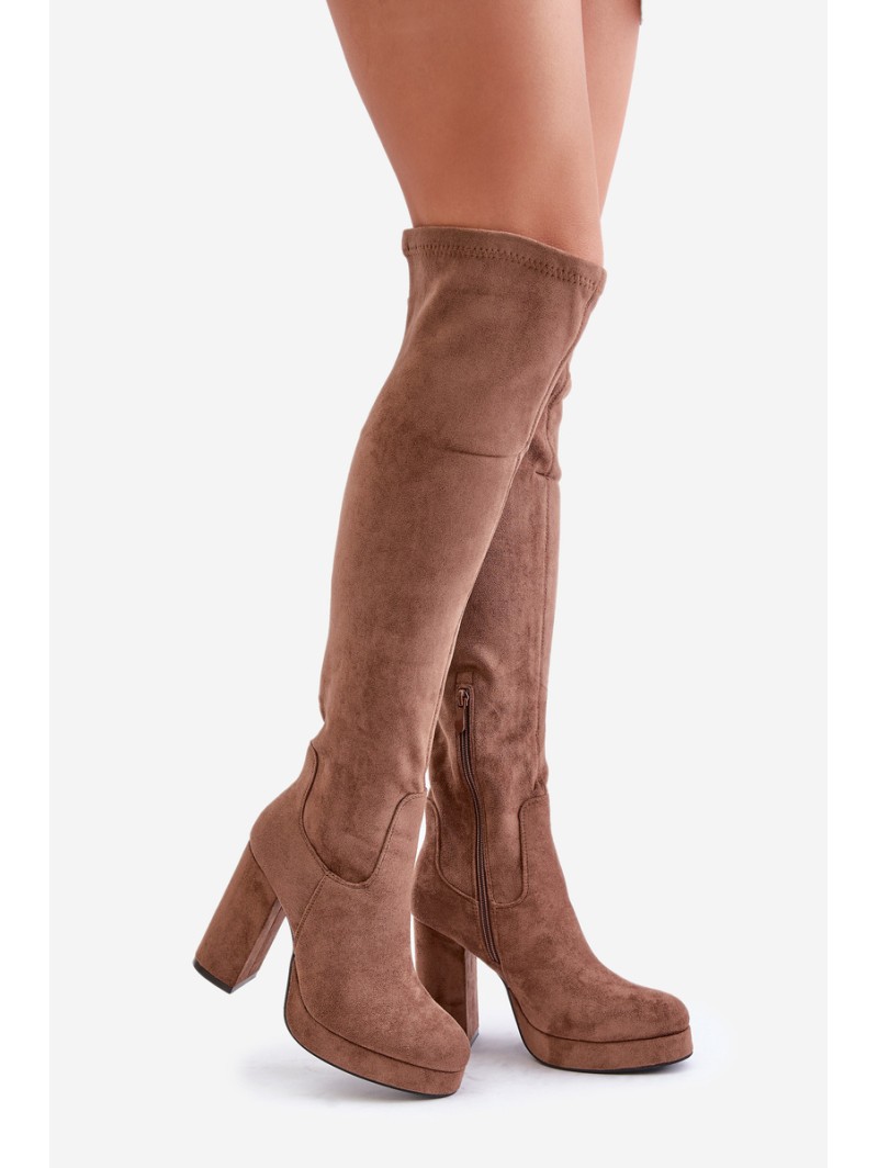 Knee High Platform Heeled Boots Eco Suede Dark Beige Zistaria