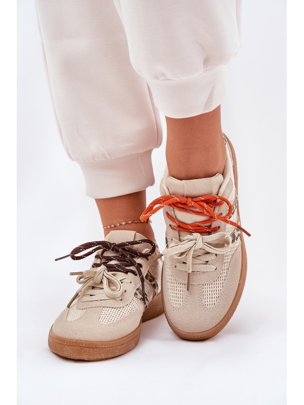 Women's Sneakers With Double Lacing Leopard Beige Ollabes
