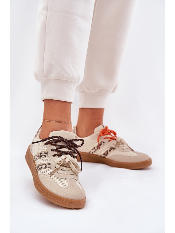 Women's Sneakers With Double Lacing Leopard Beige Ollabes 2