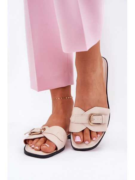 Flat Ladies Sandals With Golden Buckle Beige Esiobb
