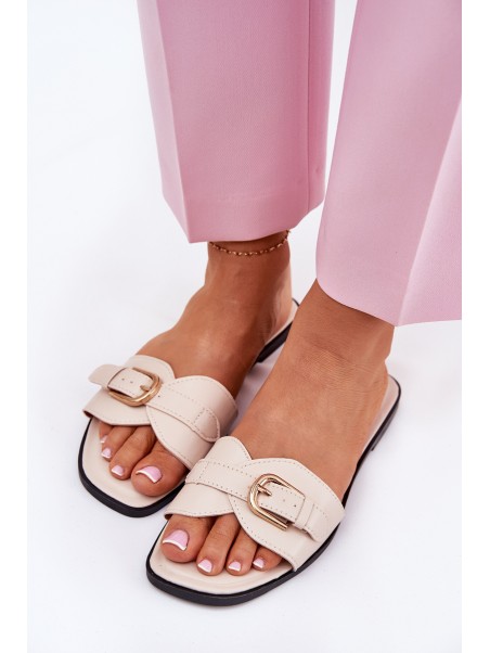 Flat Ladies Sandals With Golden Buckle Beige Esiobb