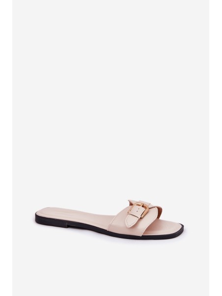 Flat Ladies Sandals With Golden Buckle Beige Esiobb